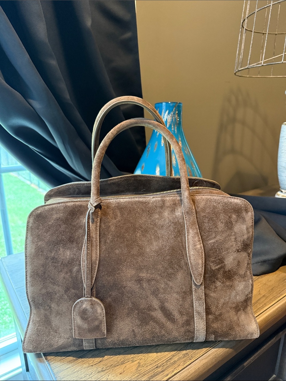 Brown Suede Top-Handle Satchel Bag in Taupe